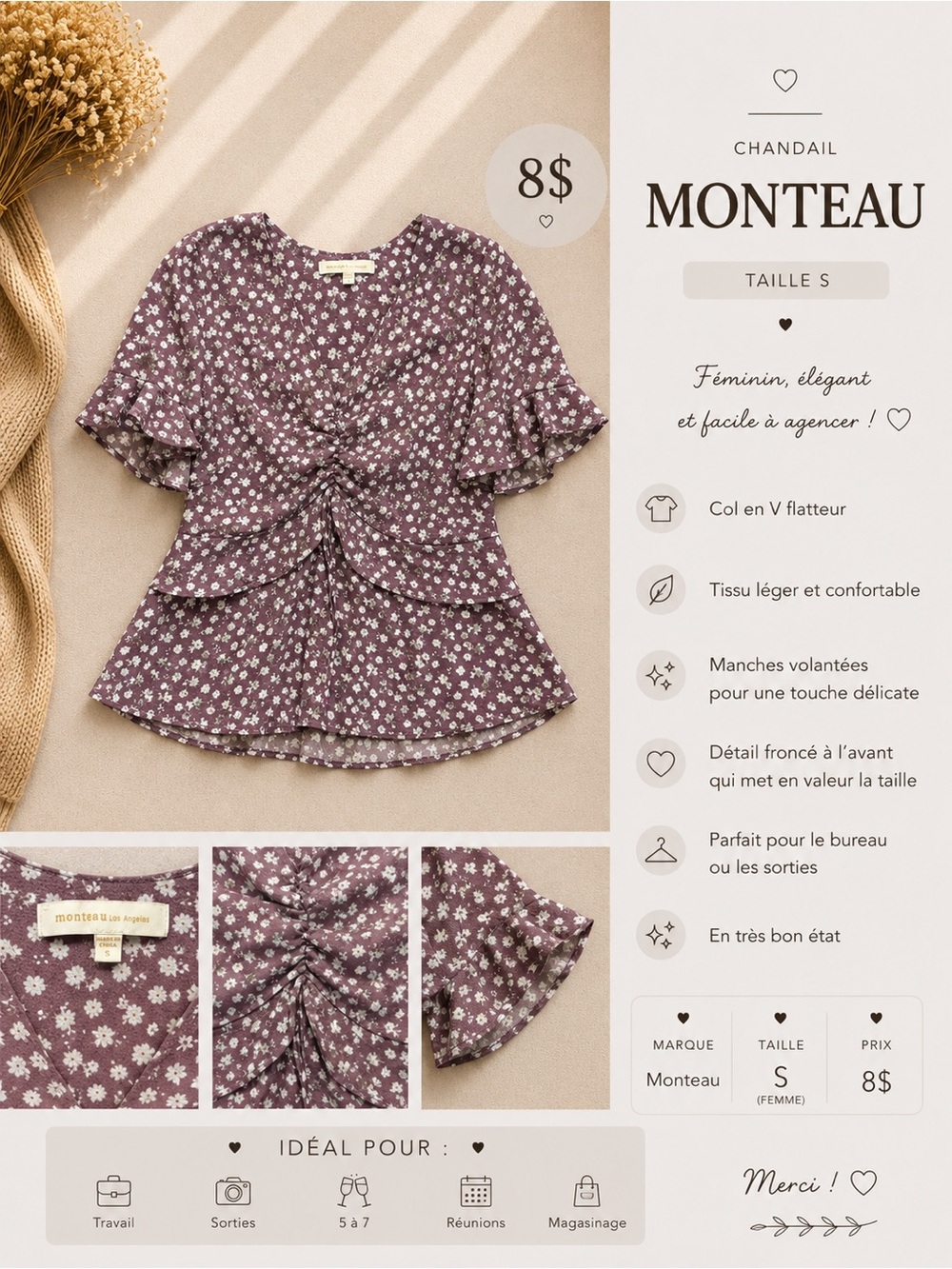 Monteau Plum Floral V-Neck Ruffled Front Blouse